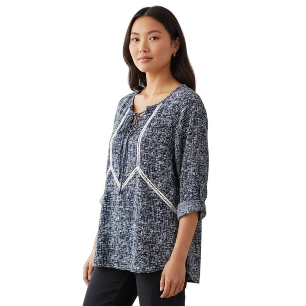 Skies Are Blue Women's Peasant Top S Blue Print Roll Tab Long Sleeve Boho Blouse